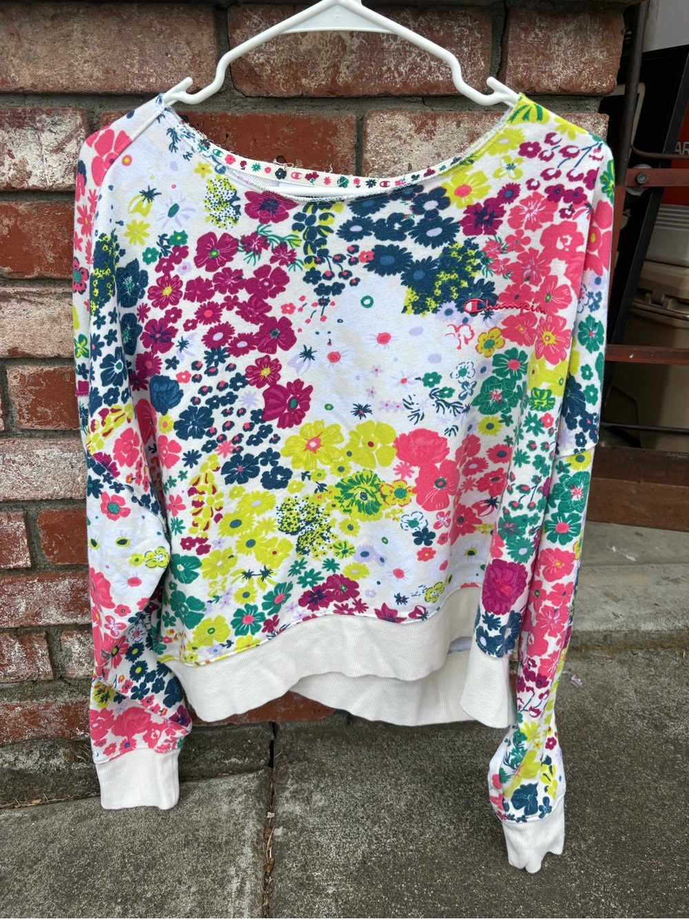 Champion Bright Floral Power Print Sweatshirt Raw Crew Neckline- Multicolor